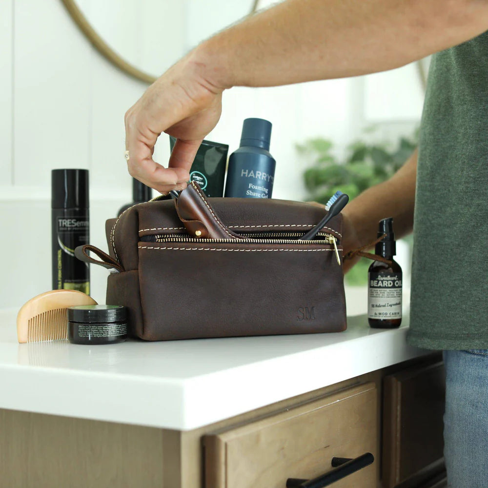 Two Compartment Full Grain Leather Travel Toiletry Bag