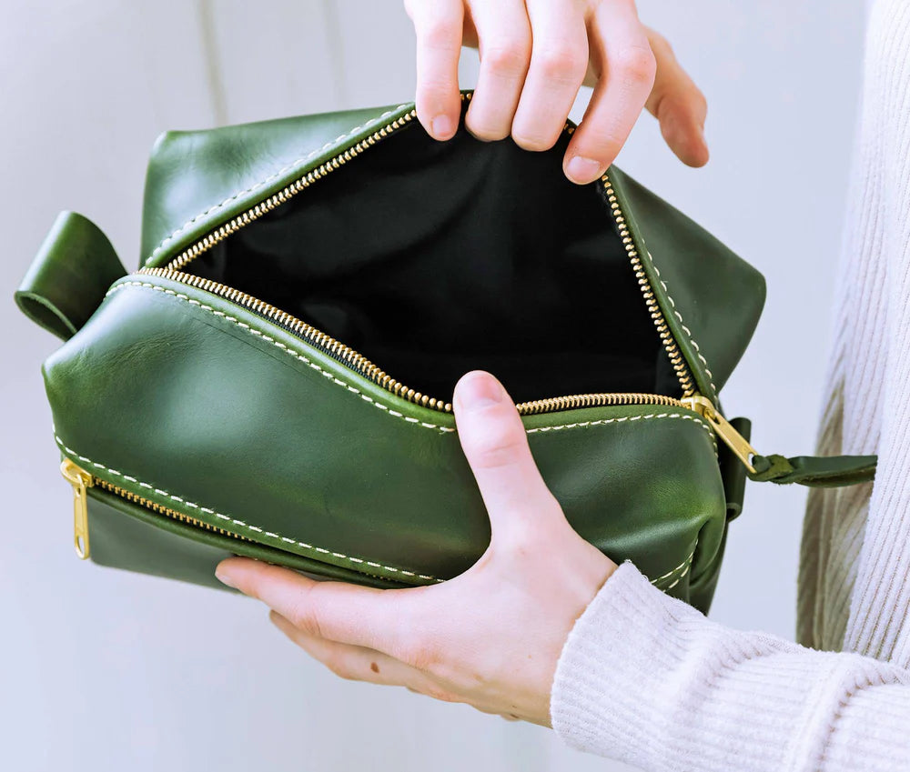 Two Compartment Full Grain Leather Travel Toiletry Bag