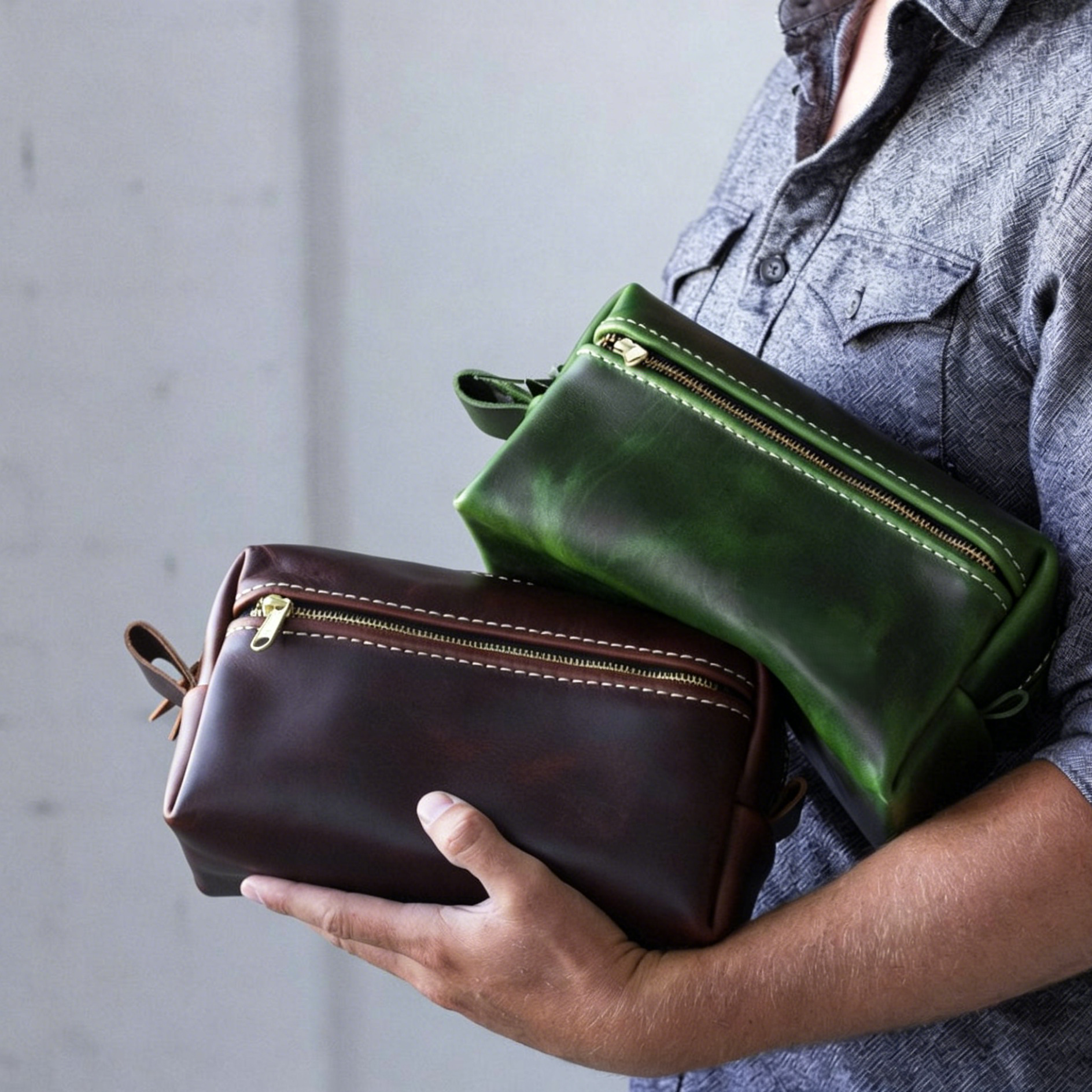Two Compartment Full Grain Leather Travel Toiletry Bag